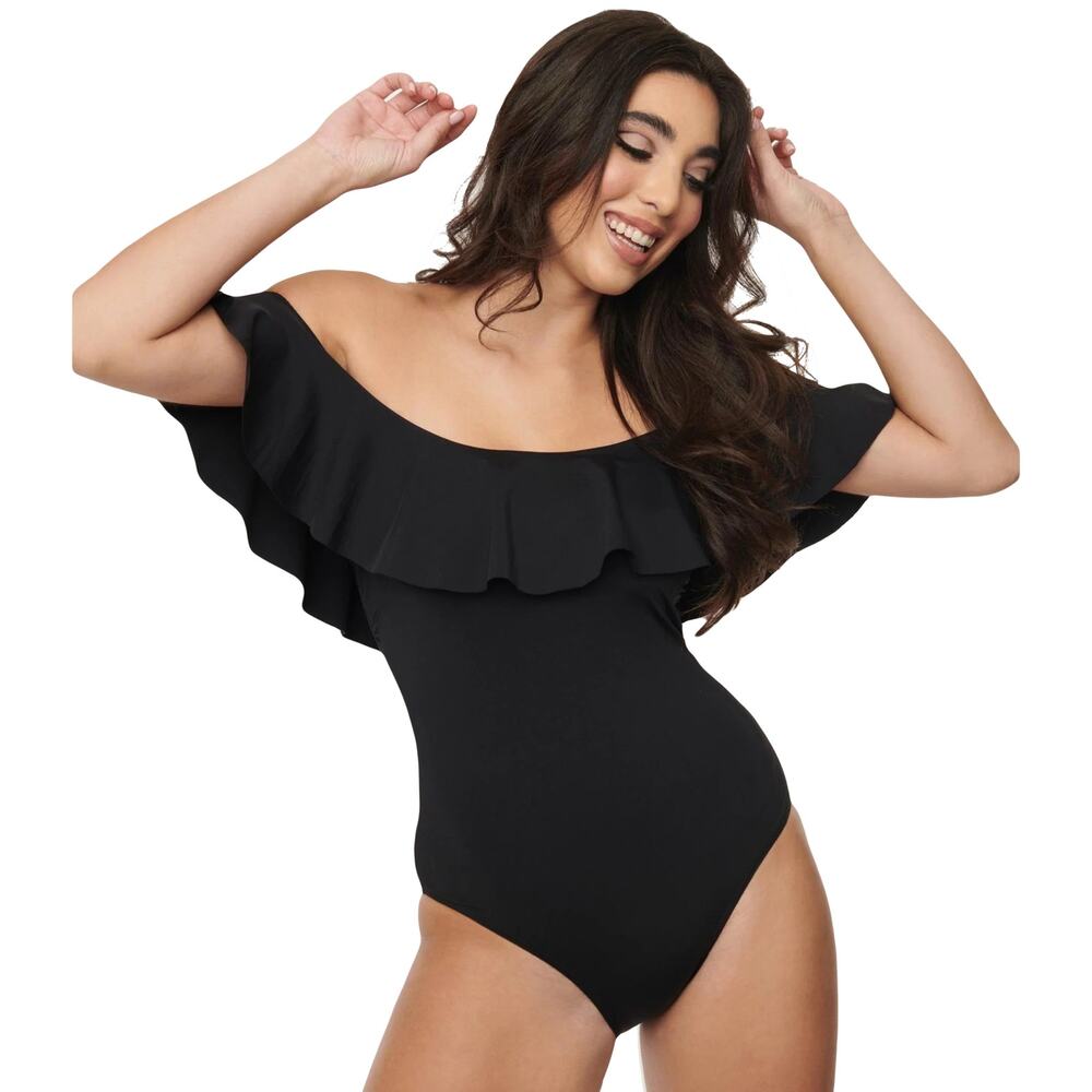 NWOT LOUNGEWEAR BY RUNWAY Bodysuit UK 8/US 4 Black Off Shoulder Ruffle Stretch